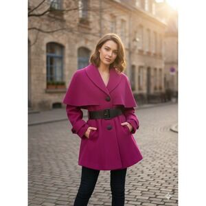 Vintage Lorovi Caped Coat Women's Wool Pink Belted Button Front Dressy Size 6